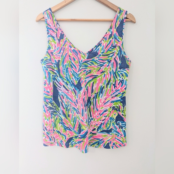 Lilly Pulitzer Gigi Tank Top Small Tropical Palm Print V Neck Cotton - Picture 2 of 8